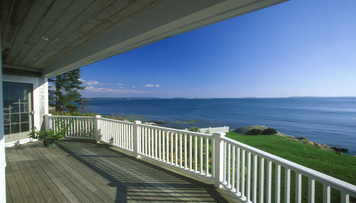 Spruce head harbor maine view from front porch with white railings